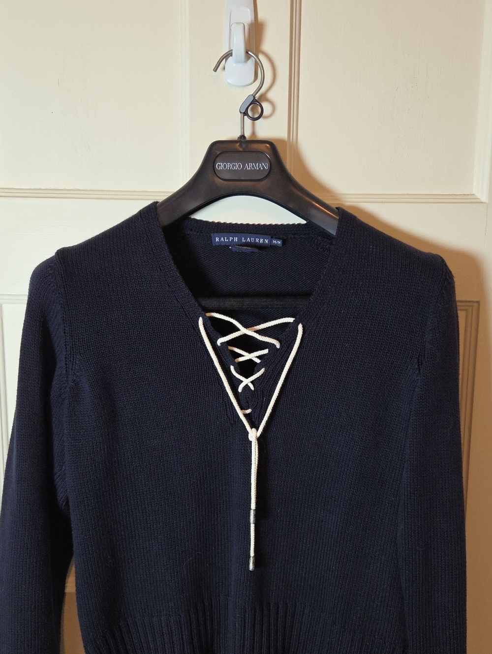 Vintage Ralph Lauren Lace-Up Knit Sweater In Navy With White Laces SZ Medium - Picture 2 of 11